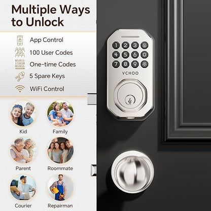 VCHOO Keyless Entry Door Lock Set WiFi Smart App Control Door Lock for Front Door Keypad Deadbolt with 2 Knobs Auto Lock One Time Codes Easy Install, Satin Nickel