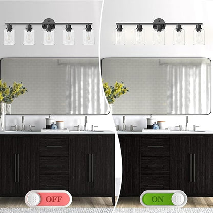 Guliaofo 5-Light Black Bathroom Vanity Lights, E26 Modern Bathroom Light Fixtures with Clear Glass Shade, Mirror Kitchen Hallway Cabinet Living Room Sconces Wall Lights