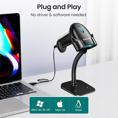 Barcode Scanner with Stand, USB Wired Inventory 2D 1D QR Code Scanner,Compatible with Computer POS MAC with Automatic Scanning, Handheld Barcode Reader for Library Supermarket（Green）
