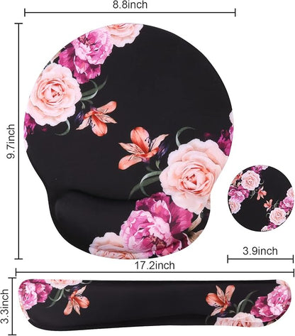iLeadon Mouse Pad with Wrist Support Keyboard Wrist Rest Set, Ergonomic Mouse Pad with Non-Slip Base for Computer Laptop Home Office + Coasters, Easy Typing & Pain Relief Mouse Mat, Peony Flowers