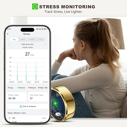 Smart Ring for Women Men, Fashion Minimalist Fitness Ring & Sleep Tracker Ring with Heart Rate, Blood Pressure, Waterproof Health Rings, Valentine's Day Gifts for Women, No Subscription (Size 8, Gold)