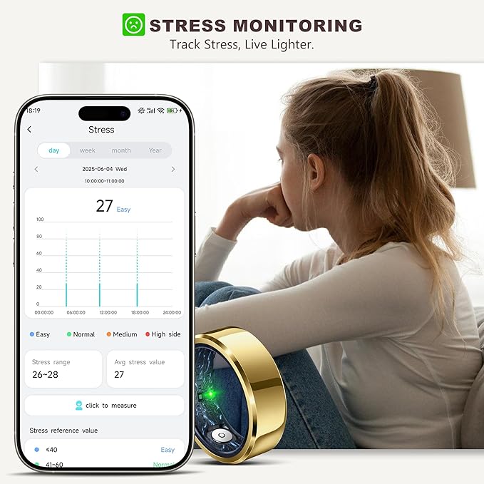 RIFESI Smart Ring for Women Men, Fashion Minimalist Fitness Ring & Sleep Tracker Ring with Heart Rate, SPO₂,Blood Pressure,5ATM Waterproof Health Ring, No Subscription,Gifts for Women (Size 11,Gold)