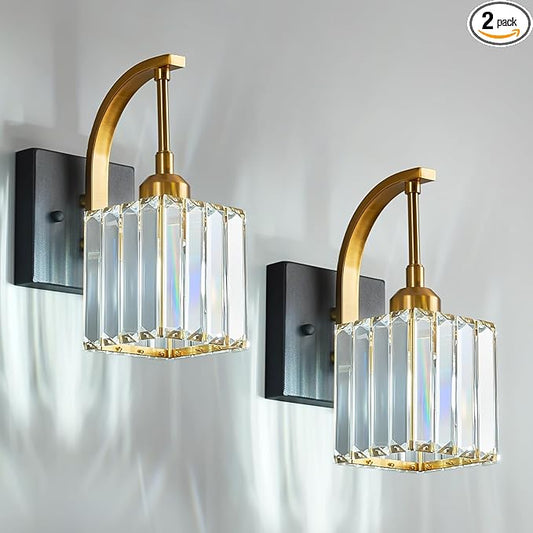 FDPBY Wall Sconces, Set of 2 Black Gold Crystal Vanity Lights, Modern Wall Lamp for Bathroom, Hallway, and Makeup, Easy Installation