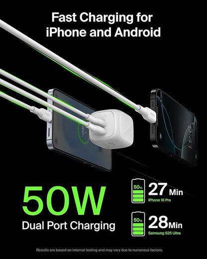 Belkin 2-Port USB C Charger Block 50W, Dual-Port GaN Charger w/ 2x USB C Ports, Fast Charging for MacBook, iPhone 17, iPad Pro, Chromebook, Galaxy S25 Ultra, Pixel 10, etc. - Travel Essentials - White