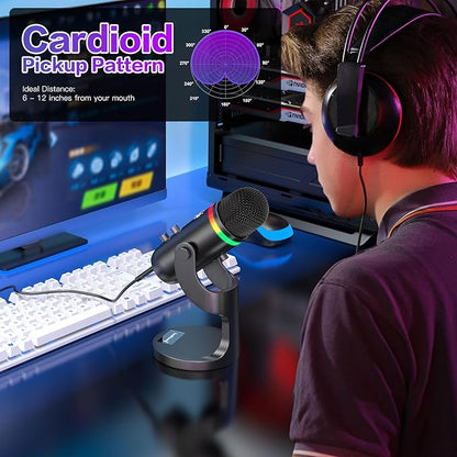 ZealSound USB Microphone for iPhone,Noise Cancellation Condenser mic with Touch Mute,Gain,Echo,Monitoring,RGB for iPad,PC,Podcast,Streaming,Twitch,YouTube,Discord,Computer,PS4,PS5,Mac,GamerWave K66