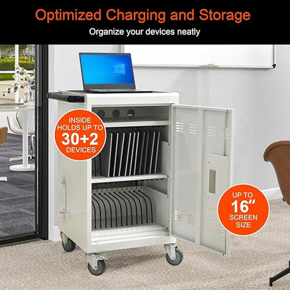 Aokleo 32 Devices Laptop Charging Cart with Password Lock,Tablet Storage Carts for Pad Up to 16.3" Screen,Classroom Computer Mobile Charging Station for Pads,Chromebooks,Laptops(White - Password Lock)