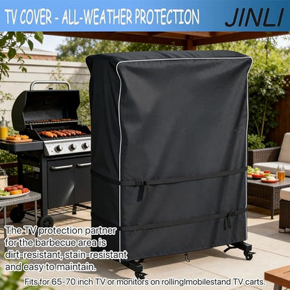 JINLI 65-70 inch outdoor TV trolley cover, courtyard TV cover, Oxford fabric waterproof and dustproof, triple windproof design, compatible with rolling/mobile stand