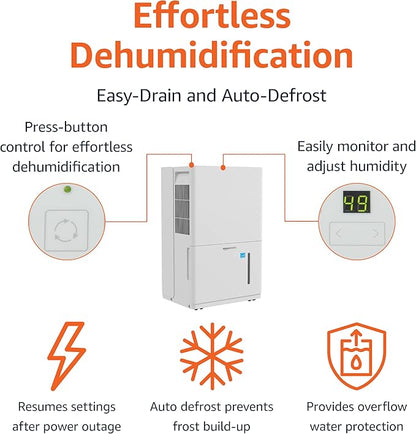 Amazon Basics Dehumidifier with Drain Pump, 50-Pint, Energy Star Certified, for Basement, Bathroom and Other Rooms Up to 4000 SFT, with Timer, auto-defrost, Overflow Protection, White