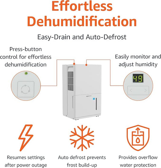 Amazon Basics Dehumidifier with Drain Pump, 50-Pint, Energy Star Certified, for Basement, Bathroom and Other Rooms Up to 4000 SFT, with Timer, auto-defrost, Overflow Protection, White