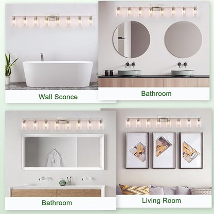 8-Light Brushed Nickel Vanity Light Fixtures,Modern Large Bathroom Light Fixtures Wiht Clear Glass ShadeRust and Moisture Resistant Easy to Install Vanity Lights for bathroom lights over mirror