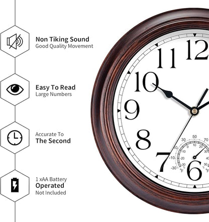 KECYET 14 Inch Outdoor Wall Clock with Thermometers, Vintage Silent Wall Clocks Battery Operated, Retro Non-Ticking Clock Decorative for Living Room, Patio, Kitchen, Office, Bathroom, Bedroom(Bronze)