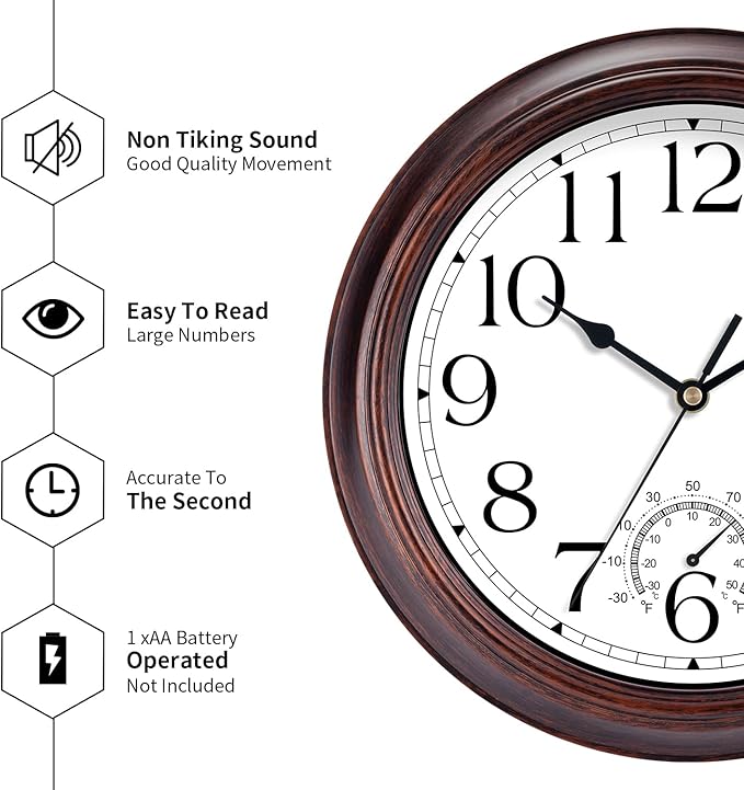 KECYET 8.5 Inch Outdoor Wall Clock with Thermometers, Vintage Silent Wall Clocks Battery Operated, Retro Non-Ticking Clock Decorative for Living Room, Patio, Kitchen, Office, Bathroom, Bedroom(Bronze)