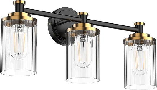 PHIXART Bathroom Lighting Fixtures Black and Gold Bathroom Vanity Light with Cylindrical Clear Stripes Glass Lampshade E26 Socket Base Bathroom Lighting Fixtures Over Mirror (3 Lights)