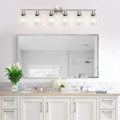 Guliaofo 6-Light Nickel Bathroom Vanity Lights, E26 Modern Bathroom Light Fixtures with Clear Glass Shade, Wall Lamps for Mirror Hallway Kitchen Cabinet Living Room Sconces Lights