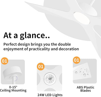 WINGBO 64" Wet Rated Outdoor Ceiling Fan with Lights, 4 ABS Plastic Blades, Reversible DC Motor, 6-Speed Remote Control, 3 CCT, Waterproof Ceiling Fan for Patio Porch Gazebo Garage, Gloss White