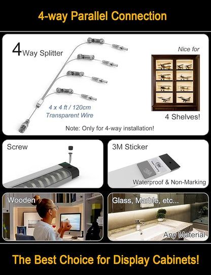 EBD LED Shelf Lights for Bookshelf Closet Bookcase 4-Way 48” Splitter Parallel Under Cabinet Lighting Built-in Adjustable Cable Kitchen Counter Light Bar 8 Panels Energy 3600Lm 3000K