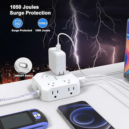Surge Protector Flat Plug Power Strip, 10Ft Extension Cord with Multiple Outlets, 8 Outlet Splitter with 4 USB(2 USB C) Ports, Desk Charging Station for Home, Office, College, Dorm Room Essentials