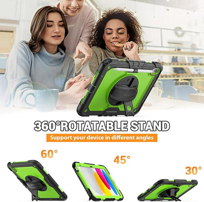 SEYMAC Case for iPad (A16) 11th/10th Generation 2025/2022 (11″/10.9″), Sturdy Heavy Duty Full-Body Shockproof Protective Case with Screen Protector, Rotating Stand, Hand/Shoulder Strap, Black/Green