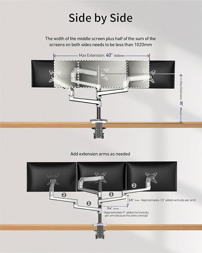 Ergounion Triple Monitor Mount, Holds Screens up to 40 Inches and 25 lbs, Fully Adjustable 3 Monitor Desk Mount with C-Clamp and Grommet Base, Aluminum, Silver