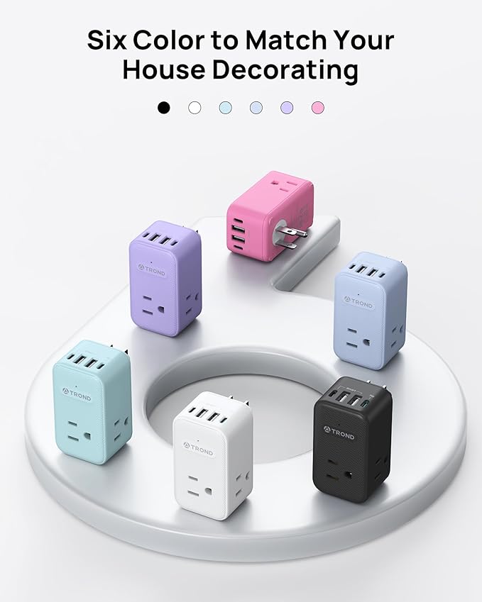 TROND Outlet Extender with 360 Rotating Plug, 3 Way Plug Splitter with PD 20W USB C Adapter, Multi Wall Adapter, Colorful Outlet Extension for Home Decoration, Travel Cruise Essentials