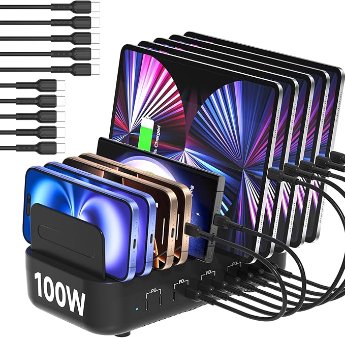 SooPii USB Charging Station,100W Fast Charging Station for Multiple Devices with 10pcs USB C Cables, 10-Port Type C Phone Charger Station Organizer Compatible with lPad,Tablet,Kindle and More(Black)