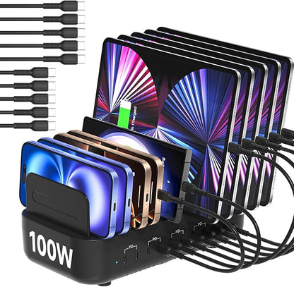 SooPii USB Charging Station,100W Fast Charging Station for Multiple Devices with 10pcs USB C Cables, 10-Port Type C Phone Charger Station Organizer Compatible with lPad,Tablet,Kindle and More(Black)