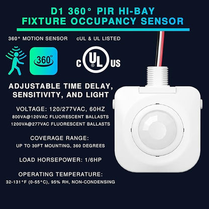 Everelectrix Single Pack Ceiling Occupancy Motion Sensor, Passive Infrared Technology, High Bay Fixture Mount 360 Degree, Hard-Wired, 120-277 VAC, Commercial, Industrial Grade Occupancy Sensor
