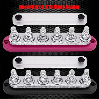 6 x M10 (3/8") Studs Power Distribution Block Bus Bar 12V, Ampper 7" HD 300A Marine BusBar Battery Distribution Block W/Cover for Car Boat Solar (Red & Black)