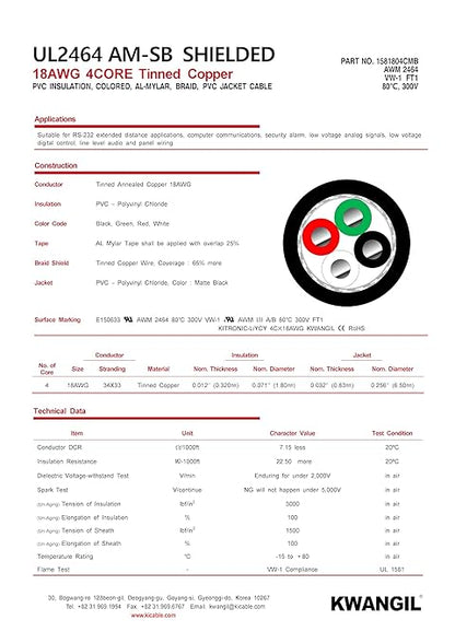 KWANGIL 4C 18AWG AMSB Shielded Cable Wire (UL2464) - Highly Flexible Str TC, PVC Ins, OS+TC BRD, PVC JKT for CNC Machine, Stepper Motor, VFD Spindle (Matte Black 100FT)