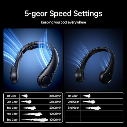 JISULIFE Portable Neck Fan Upgraded, Neckbrace Personal Hands Free, 5 Speed Gears Adjustment, 5000 mAh Wearable Bladeless Quiet Rechargeable for Outdoor Indoor, Gifts for Women Men- Black