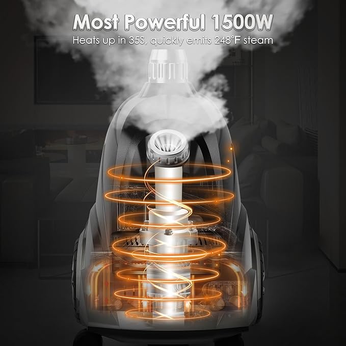 Steamer for Clothes, Jenaely 1500W Standing Garment Steamers, 35s Fast Heat-up, 80 Mins of Continuous Powerful Steam with 2.8L Water Tank, Pants Clip & Children's Clothing Hanger