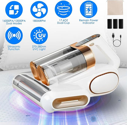 lafengyan Cordless Mattress Vacuum Cleaner with 16KPA Suction, Vibrating Roller Brushes, Dual Filtration & Long-Lasting Battery for Beds and Upholstery