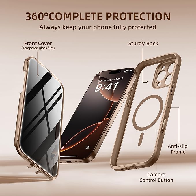 BERFY Magnetic for iPhone 16 Pro Case, Compatible with MagSafe, Built-in Privacy Screen Protector and Upgraded Camera Protection, Anti-Spy Full Body Shockproof Phone Case for 16 Pro 6.3", Desert Gold
