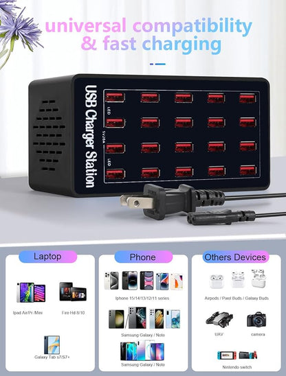WANLONGXIN 100W 20Port USB Charging Station, Multi USB Charger for Multiple Devices, Black