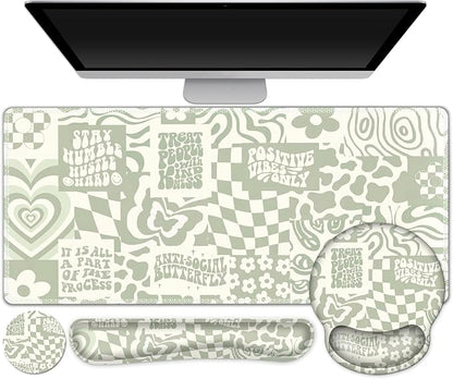Large Desk Mat, Beige Gaming Mouse Pad, Desk Pad Protector, XXL Mousepad + Keyboard Wrist Rest+Mouse Wrist Rest+Coaster Set with Ergonomic Desk Pad for Home Office PC Computer, Retro Boho Aesthetic