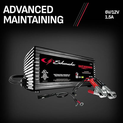 Schumacher Electric 1.5A Car Battery Charger and Maintainer, 3-in-1 Solution, for 6V/12V Power Sport, Automotive, and Marine Batteries, SC1355