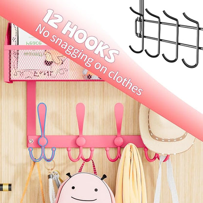Kaiferty Over The Door Hooks Organizer, Coat Rack Over The Door Storage Hanger Towel Rack, Back of Door Storage Organizer for Bathroom,Bedroom,Kitchen,Office (Pink, 3-Tier)