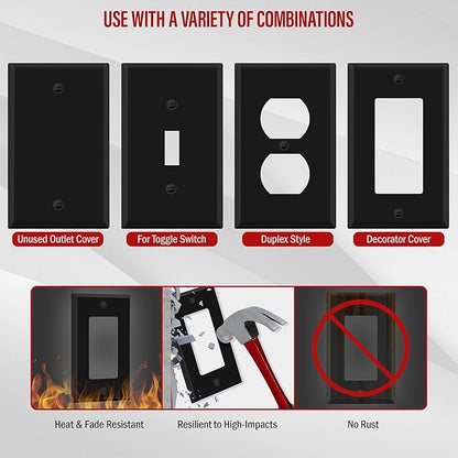 ENERLITES Decorator Switch Metal Wall Plate, Outlet Cover, Corrosion Resistant, Standard Size 1-Gang 4.50" x 2.76", Powder Coated Stamped Steel, 7731-BM, Black Matte
