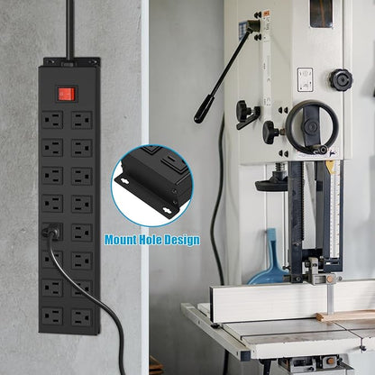 HHSOET Metal 16 Outlet Mountable Power Strip, Wall Mount Garage Workbench Socket, Gaming Table Surge Protector with 15 FT Power Cord.(Black)