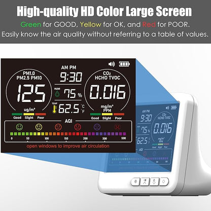 Professional Indoor Air Quality Monitor with 7X AQI,16 in 1 Portable Real-Time Detector for PM2.5 | PM10 | CO2 | TVOC | HCHO | Temp | Hum for Home Cars Plants Pets