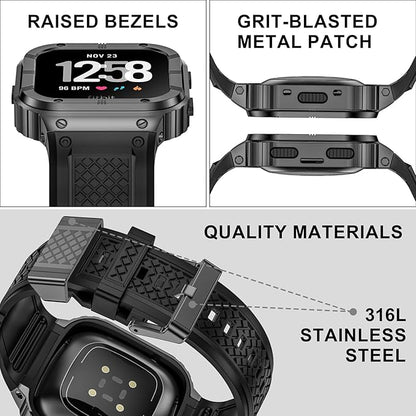 MioHHR Stainless Steel Case and Band Compatible with Fitbit Versa 4/3/2/Lite/Sense/Sense 2 Bands with Metal Case, Rugged Sports Protector Cover Silicone Wristbands for Men, Grey