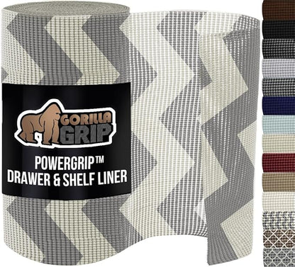 GORILLA GRIP powerGRIP Drawer Shelf and Cabinet Liner, Thick Strong Hold, Non-Adhesive Liners Protect Kitchen Cabinets and Cupboard, Bathroom Drawers, Easy Install, Breathable Mat, 20" x20', Chevron