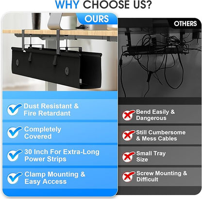 KIGJU Under Desk Cable Management Tray, 30-inch No-Drill Cord Organizer with Anti-Sag Reinforced Base, Fabric Wire Management Hider for Standing Desk, Office & Gaming Accessories - Black
