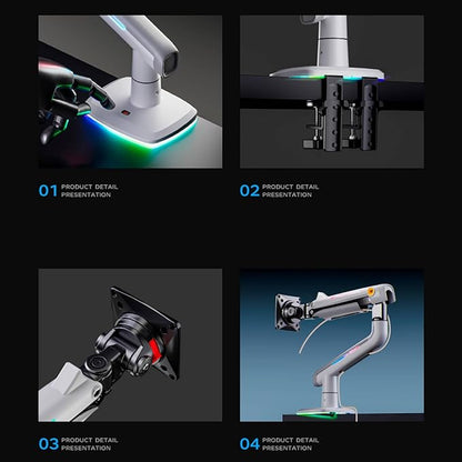 NB Gaming Monitor Arm or for 32 to 60 Inches Screen, Load up to 20 kg, VESA 75/100, RGB-Light, Heavy Duty, Multi Angle Adjustable, Premium Aluminum, White