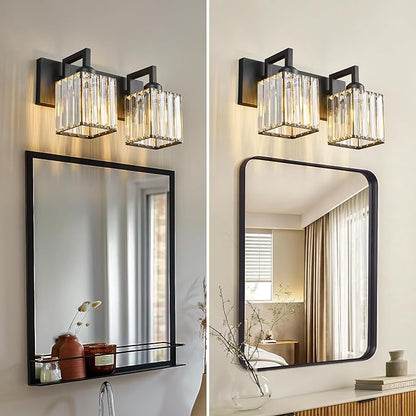 FDPBY Modern Bathroom Vanity Light 2-Lights Black Crystal Bathroom Wall Light Vanity Light Fixtures