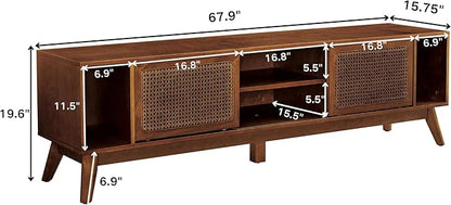 LKTART 68 Inch Mid Century Modern TV Stand with Rattan Doors, MCM Entertainment Center Media Console for 60/65/70/75 inch TVs, Long Boho Television Stand for Living Room, Light Walnut