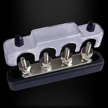 4 x #10 (M5) Studs Bus Bar, Ampper 4.2" Ground Distribution Block Brass Battery BusBar Junction with Cover for Auto Boat Amplifier and More (Black)