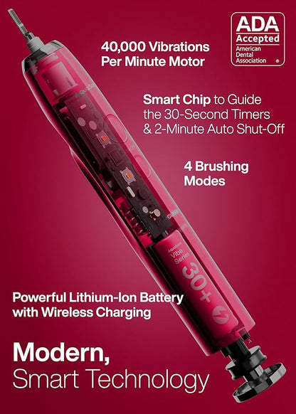 Aquasonic Vibe Series Ultra-Whitening Toothbrush – ADA Accepted Electric Toothbrush - 8 Brush Heads & Travel Case – 40,000 VPM Motor & Wireless Charging - 4 Modes w Smart Timer – Ruby