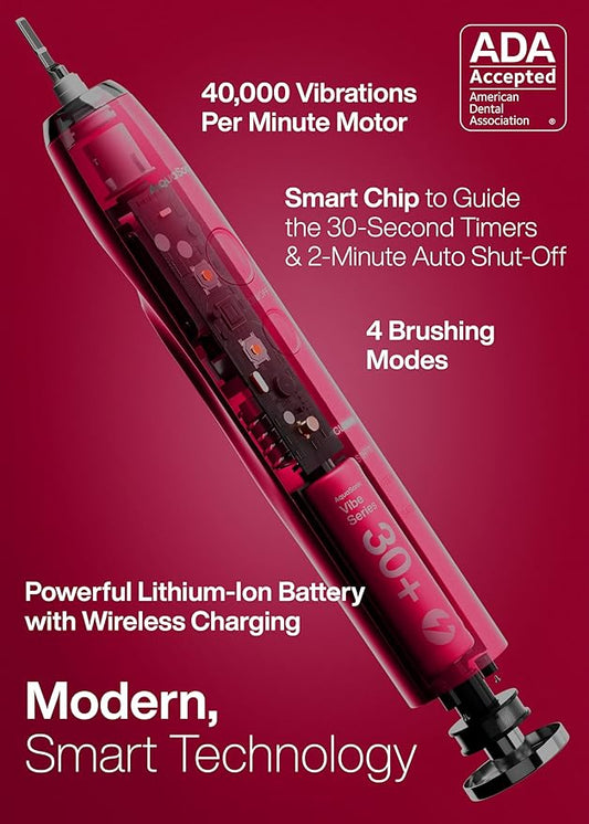 Aquasonic Vibe Series Ultra-Whitening Toothbrush – ADA Accepted Electric Toothbrush - 8 Brush Heads & Travel Case – 40,000 VPM Motor & Wireless Charging - 4 Modes w Smart Timer – Ruby