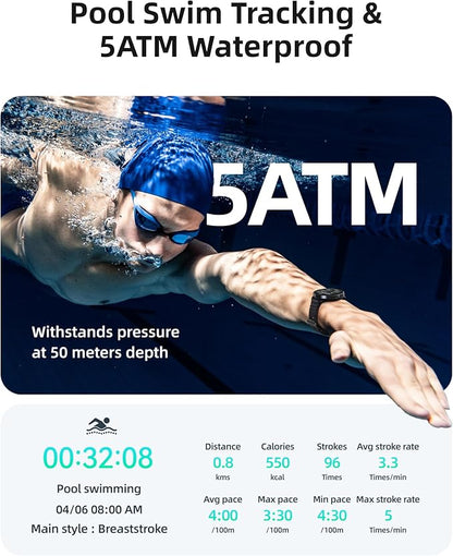 Parsonver Smart Watch for Swimming, 5ATM Waterproof Watch for Pool & Open Water, AI Swim Analysis, Built-in GPS & Compass, AMOLED Fitness Trackers 100+ Sports Modes, Heart Rate & Sleep Monitor, Black